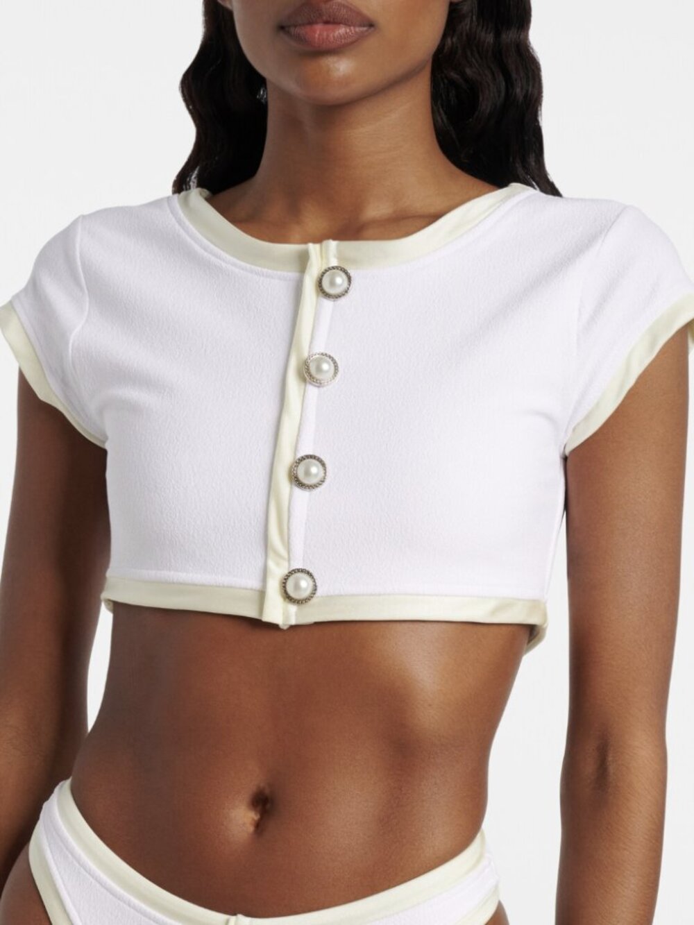 SAME Los Angeles Porter Pearl Button Crop Top White Cream M